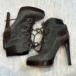 Tory Burch Lawson Bootie Pewter Brown Leather Platform Stiletto Ankle Boots 7 M